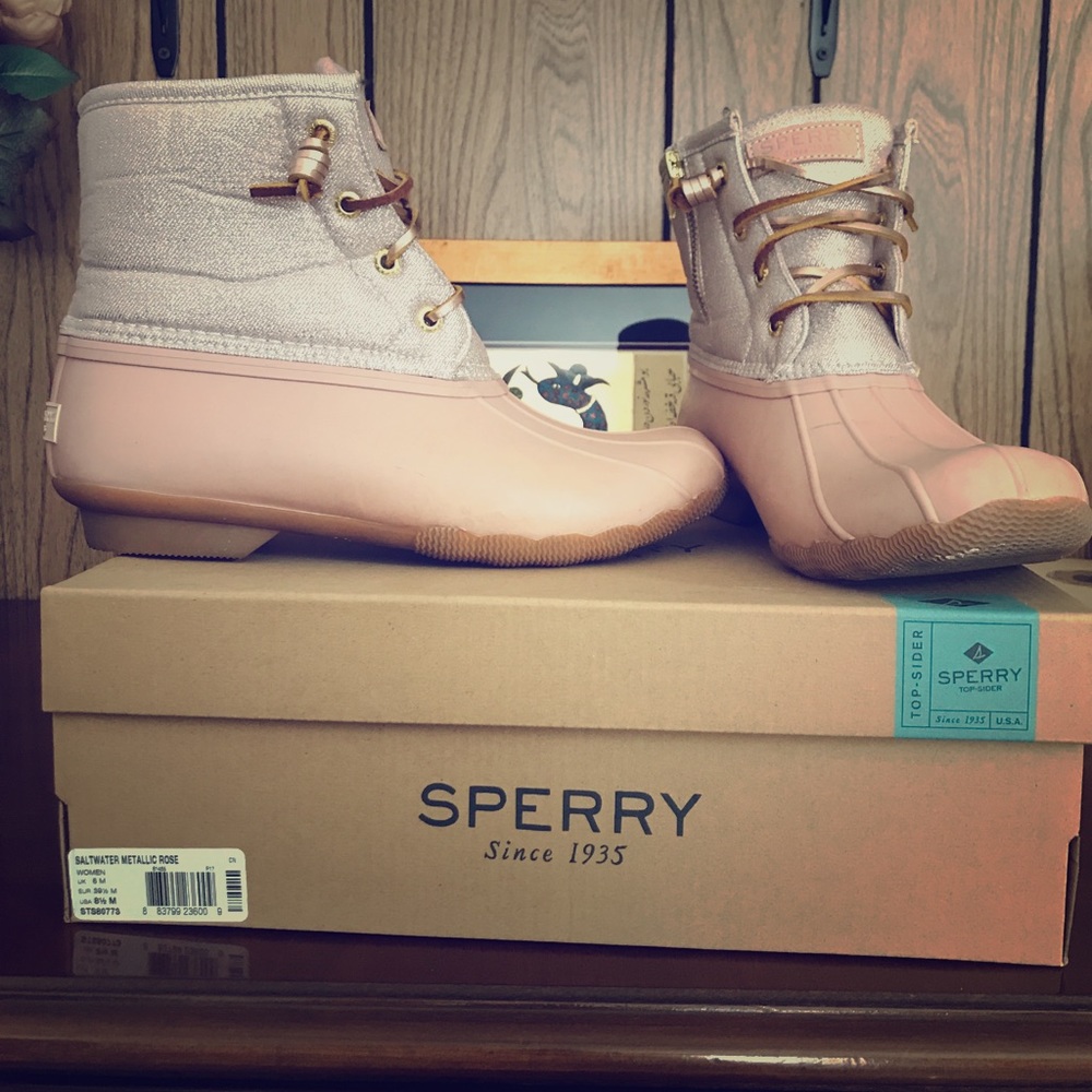 Silver metallic and pink Sperry boots